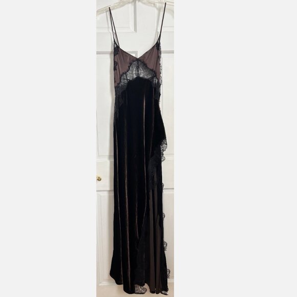 Jen Ceballos x Mango Dress Brown Velvet Black Lace Trim Maxi Long Wedding Guest - Picture 7 of 16